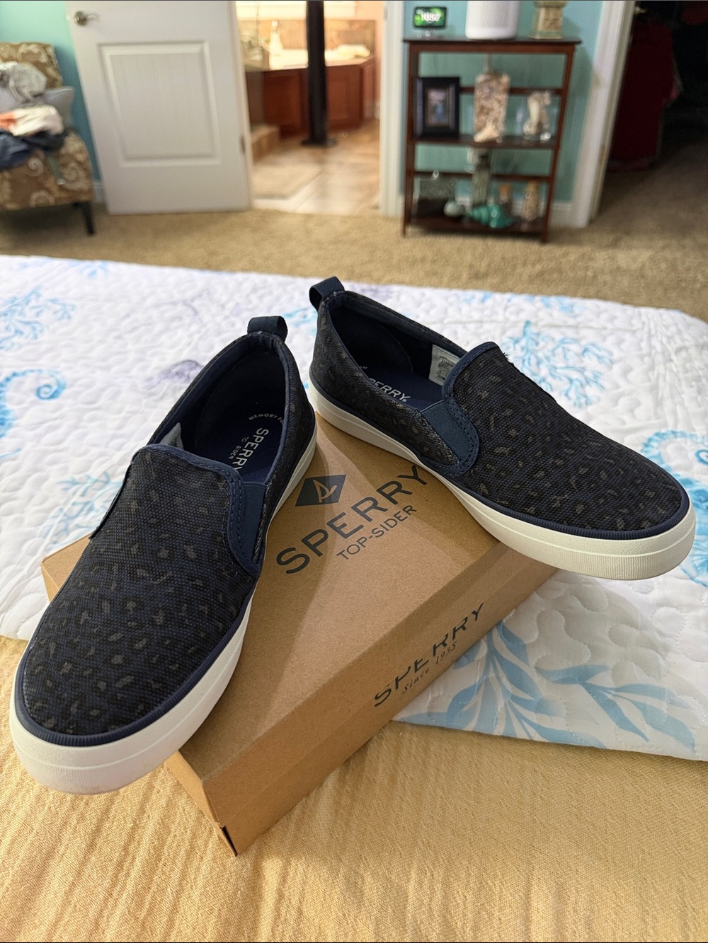 Sperry Crest TG Cheetah Navy Women's Slip-On Boat Shoes